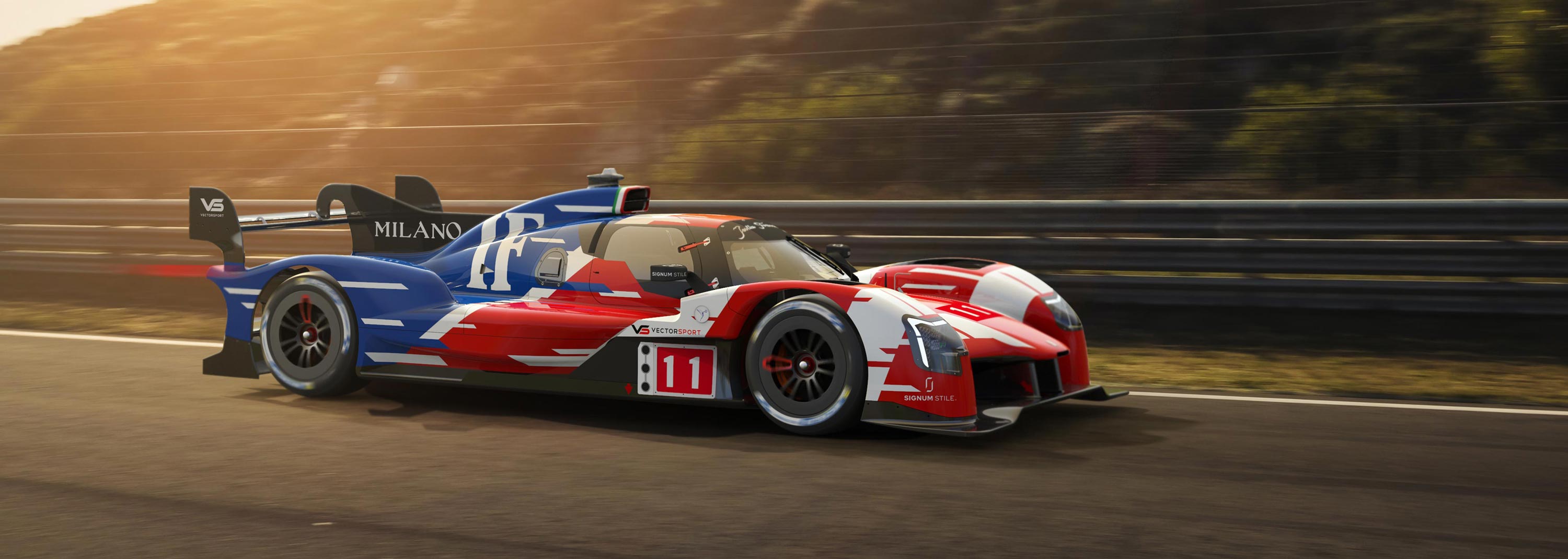 Render of the Isotta Fraschini hypercar on track with custom livery design