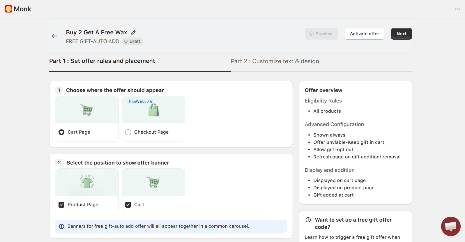 Offer Display settings in Monk Free Gift Shopify