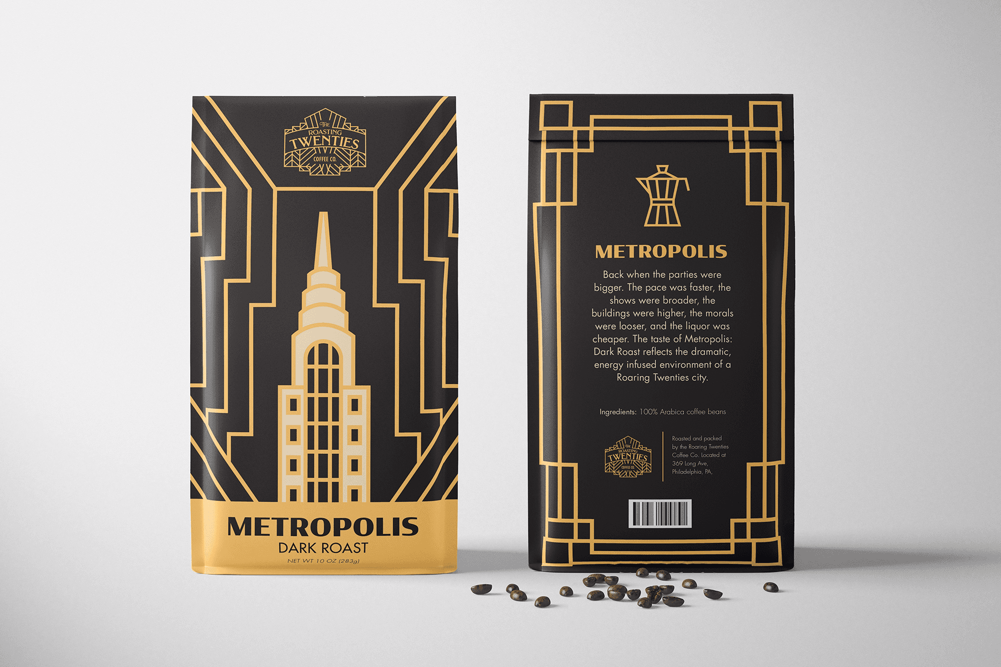 The Roasting Twenties Metropolis Dark Roast Coffee Bag Design