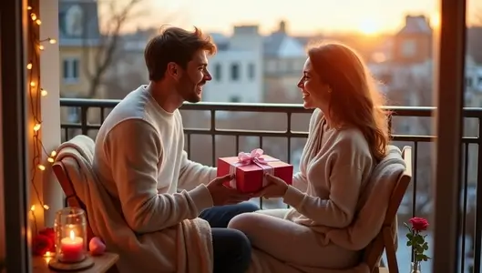 Couple exchanging a Valentine’s Day gift on a cozy balcony at sunset, symbolizing thoughtful gifting and smart shopping during Valentine’s Day sales.