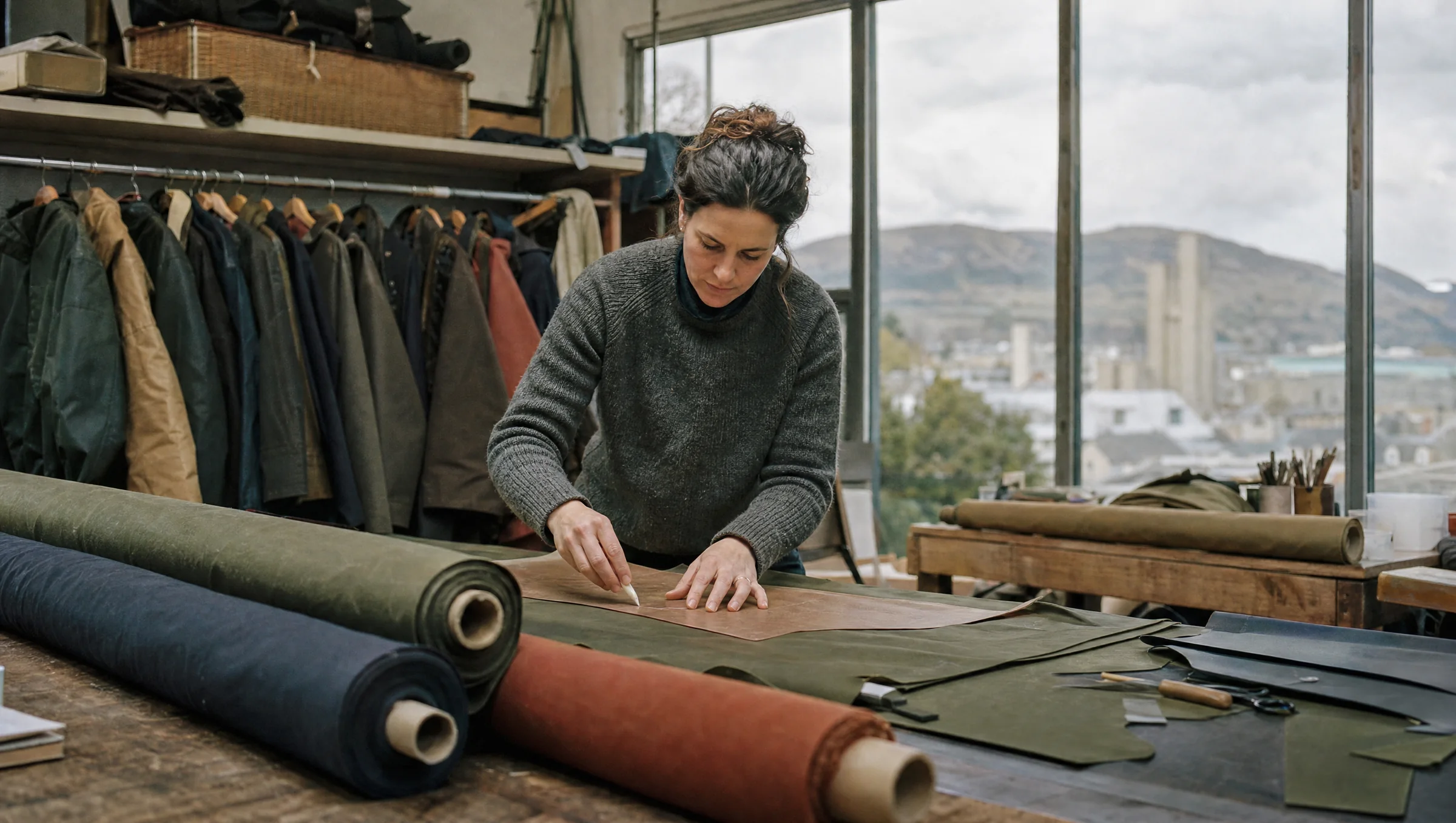 A woman chalking a pattern on waxed cotton in an Inverness clothing workshop