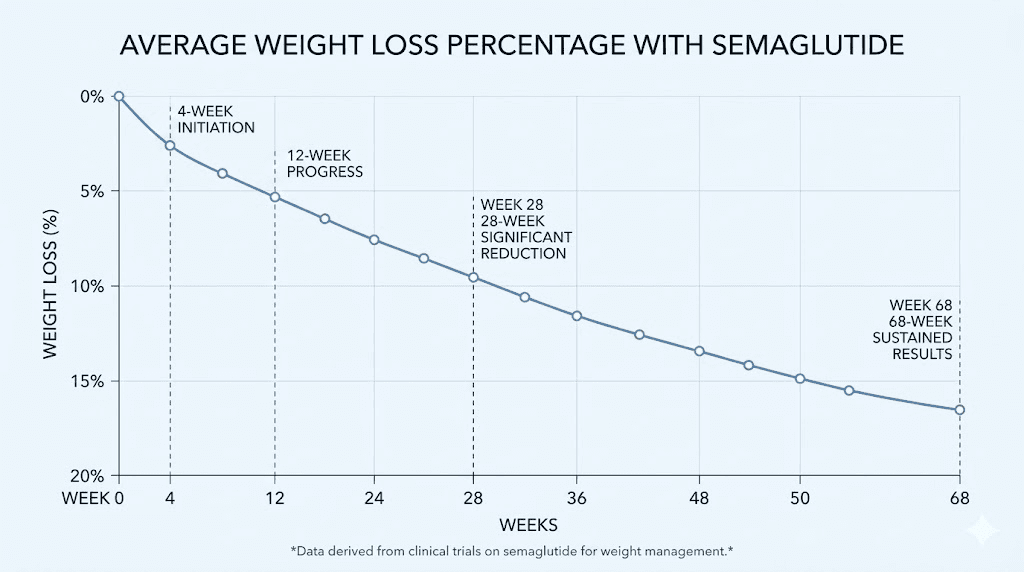 Semaglutide weight loss timeline graph showing percentage lost over 68 weeks
