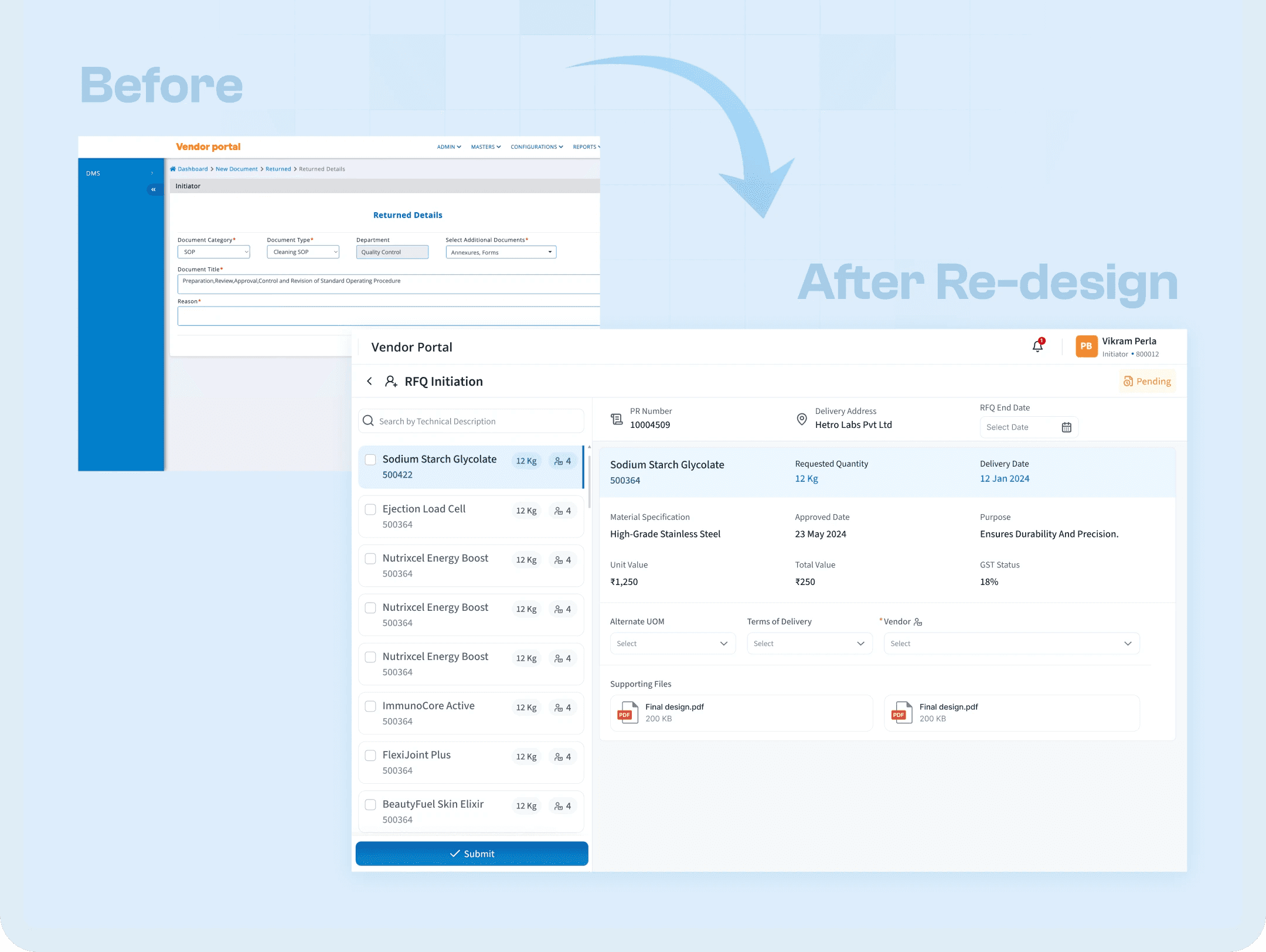 Vendor Portal software befor and after redesigniing screens