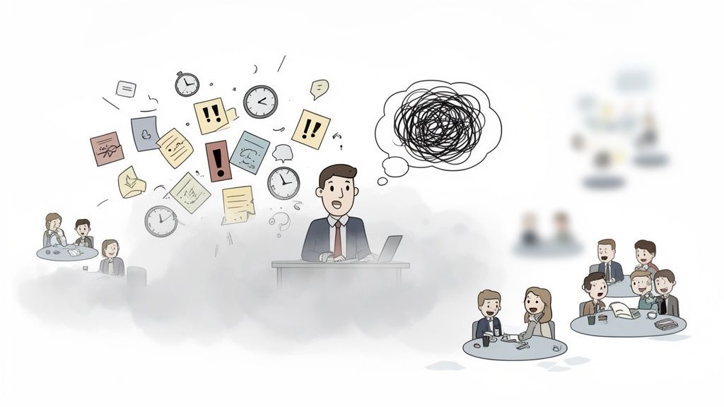 Illustration of a businessman overwhelmed by tasks and a chaotic mind, with teams collaborating.