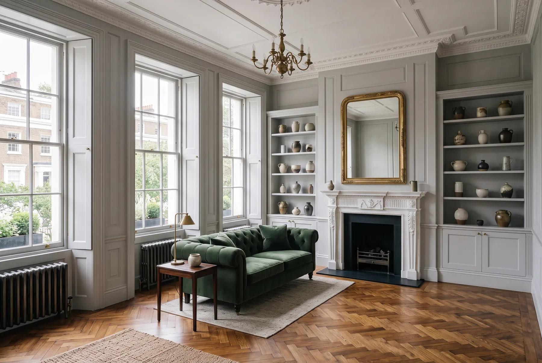 Drawing room with tall sash windows, a marble fireplace and a green velvet sofa