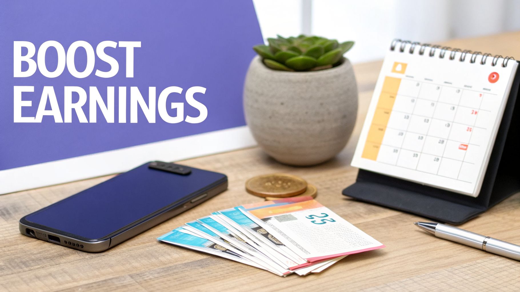 A desk with a 'BOOST EARNINGS' sign, smartphone, calendar, coins, and cards, symbolizing financial growth.