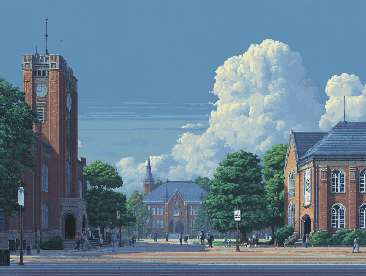 Pixel art of a university campus during the day.