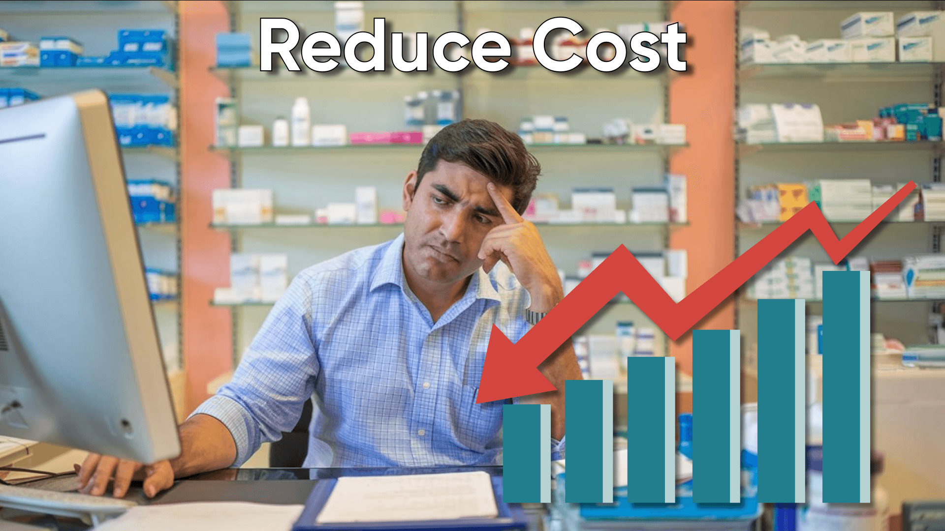 Pharmacist analyzing cost reduction strategies with Pharmacy Pro software in a pharmacy setting, showcasing financial efficiency.