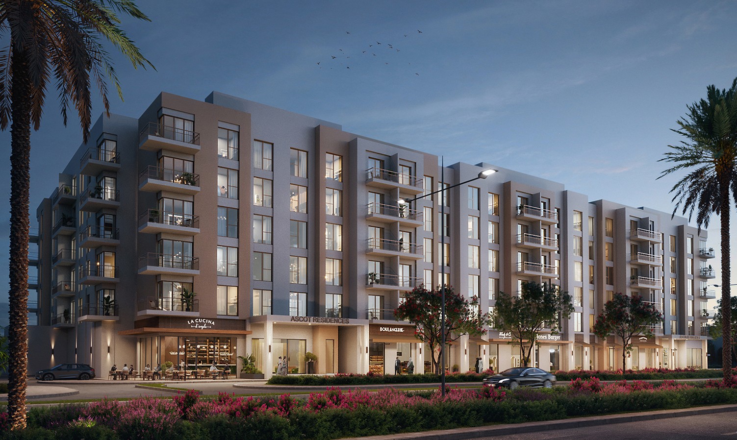 New Ascot Residences apartments at the marina in Dubai, showcasing modern architecture and waterfront views.