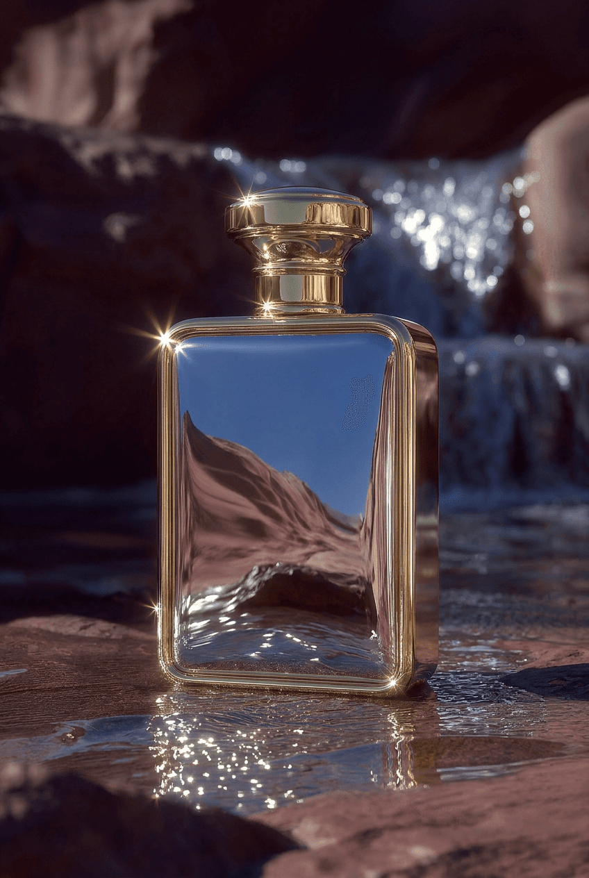 Editorial visual – gold-mirrored angular flacon reflecting a desert panorama, staged in shallow water in front of a waterfall. Bild 6 – Editorial Chrome Camera