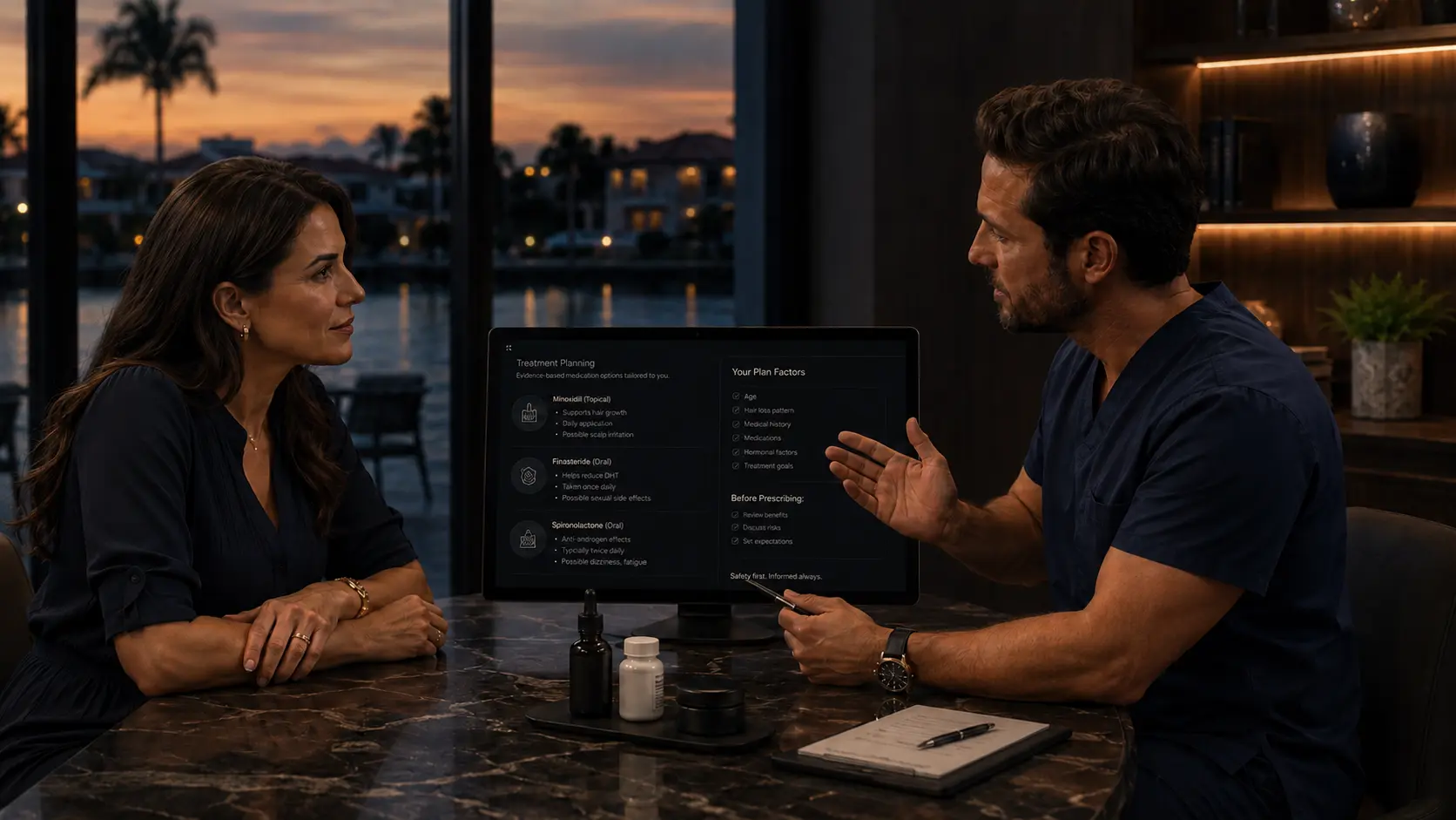 Woman consulting with a clinician in scrubs beside a data screen at dusk