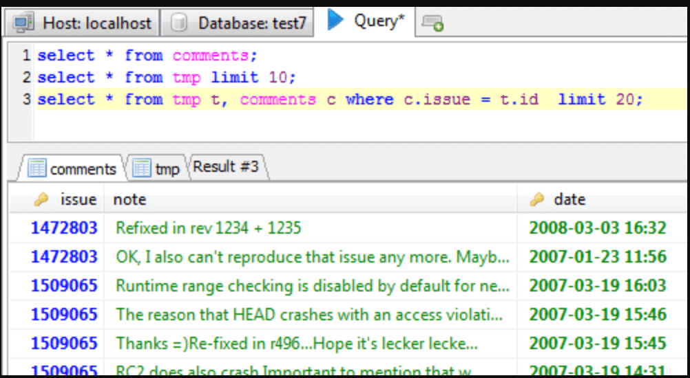 An SQL query result in HeidiSQL.