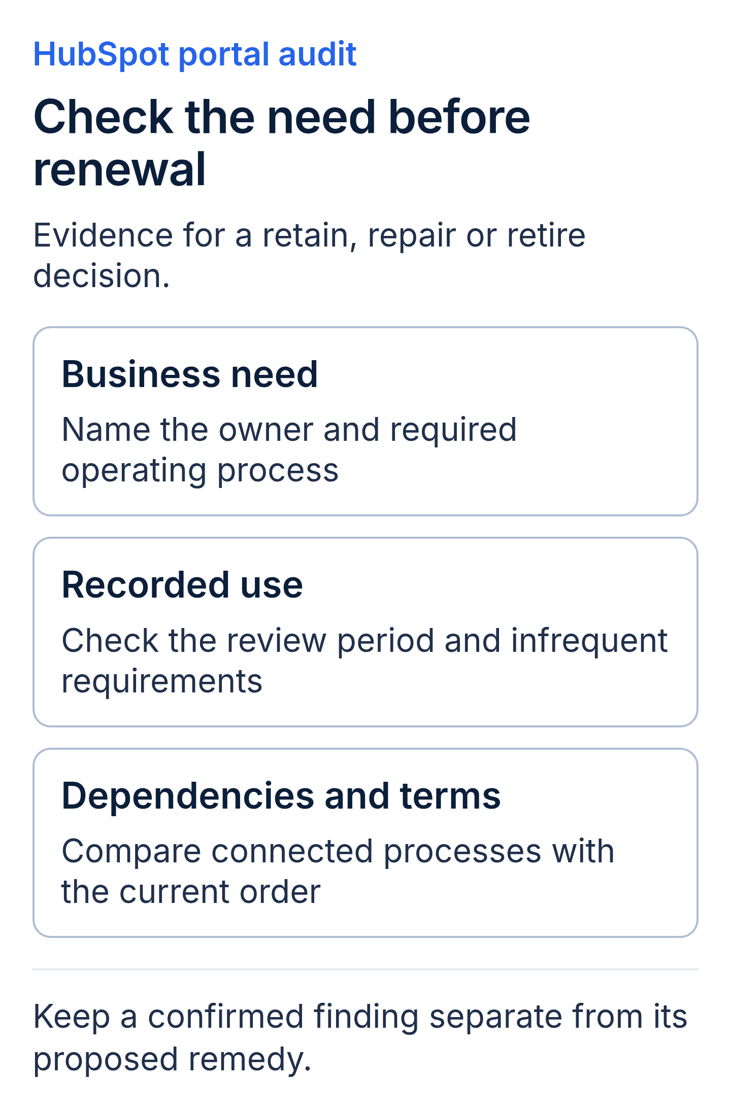 HubSpot renewal audit evidence: identify the business need and owner, check recorded use and infrequent requirements, then compare dependencies with current purchase terms before a retain, repair or retire decision.