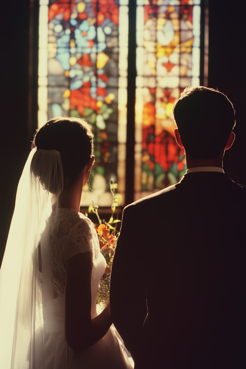 Bride and groom facing a vibrant stained glass window, creating a warm, intimate wedding scene with colorful light.