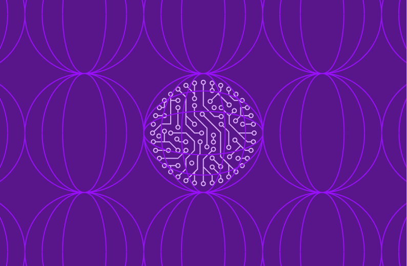Circuit board sphere illustration centered against a repeating pattern of outlined spheres, using purple and white linework.