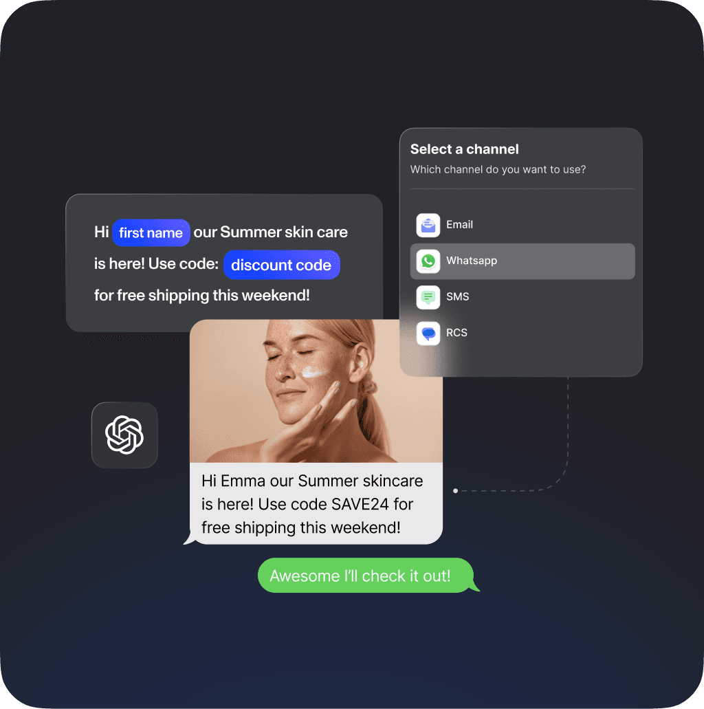 Mensaje promocional personalizado generado por inteligencia artificial omnicanal para el cuidado de la piel, enviado a través de WhatsApp, ofreciendo un código de descuento para envío gratuito en productos de verano.