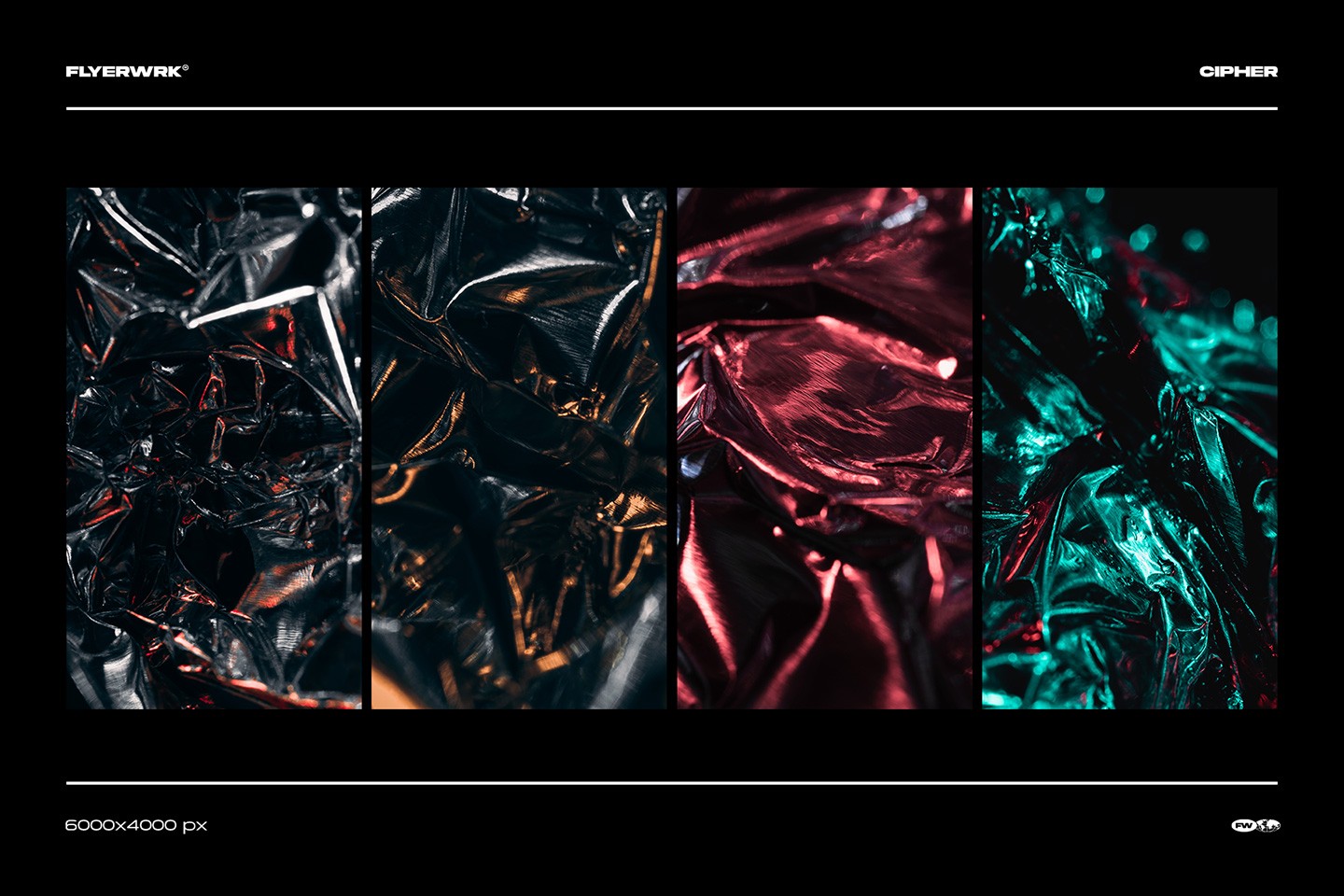 Cipher abstract metal foil textures showing four vertical color variations including dark chrome and red highlights