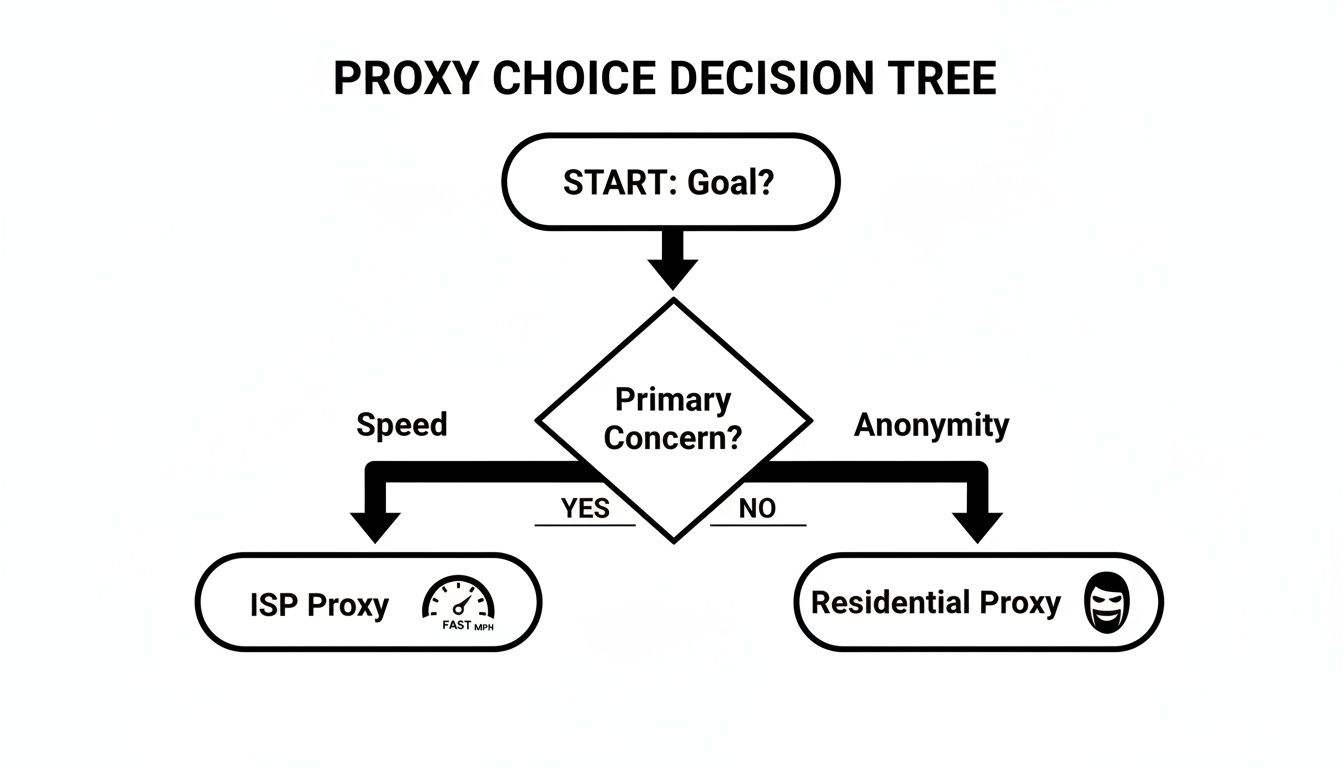 Proxy choice decision tree comparing ISP proxy for speed and residential proxy for anonymity.
