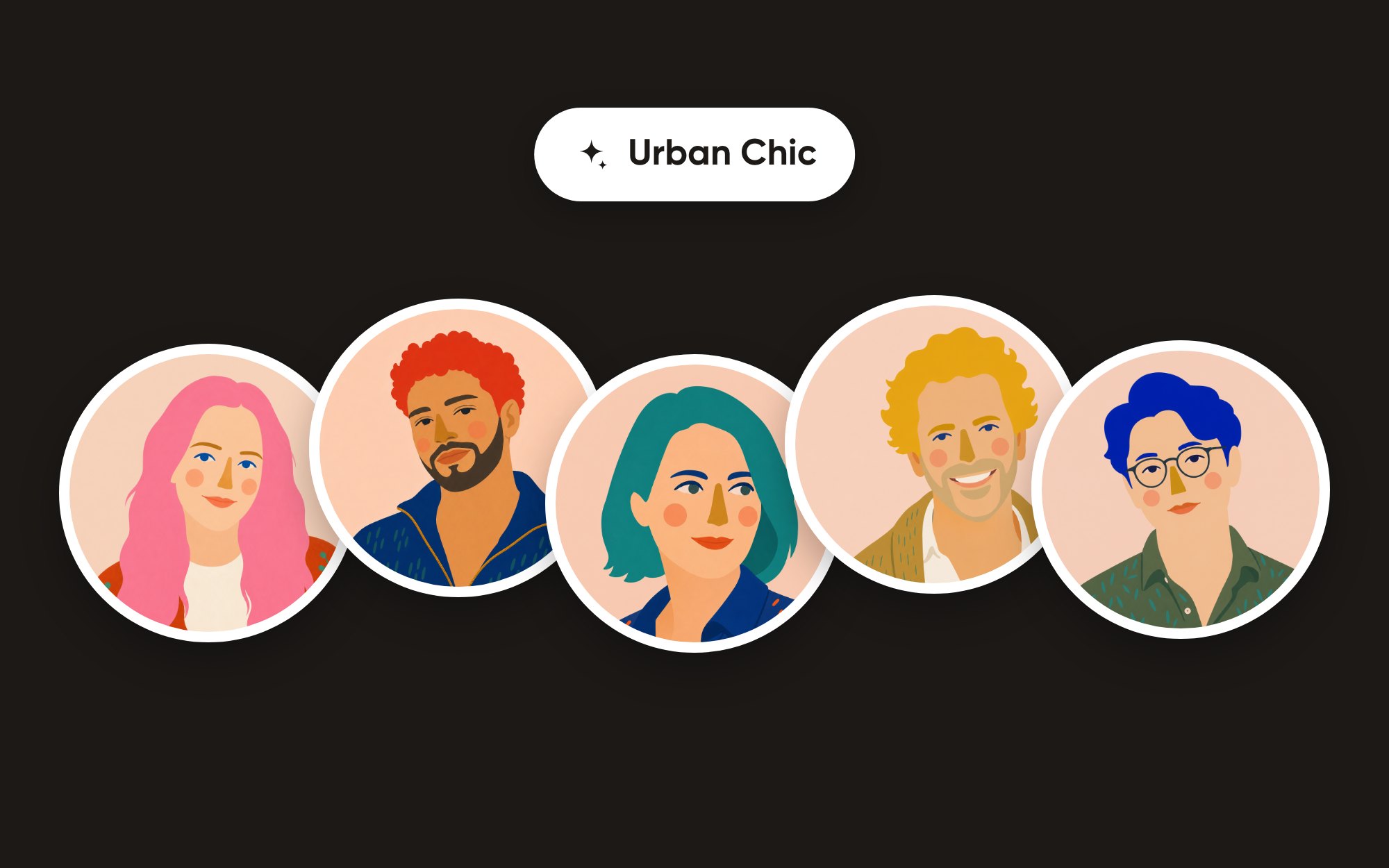 Five people in the Urban Chic effect, each with a different hair colour: pink, red, teal, yellow and blue