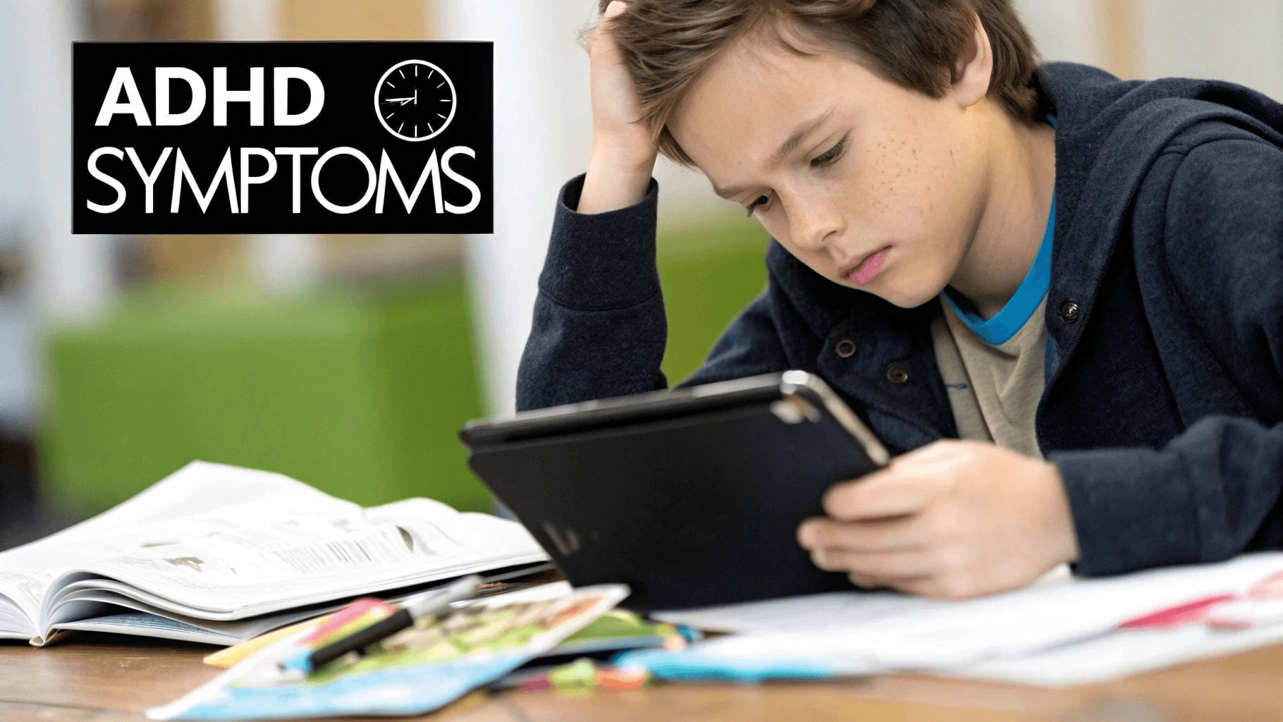 Picture of a student looking at an iPad, white text on black background saying ADHD symptoms. 