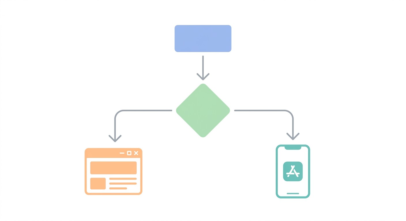 Decision flowchart branching from one question to a website on one side and a mobile app on the other