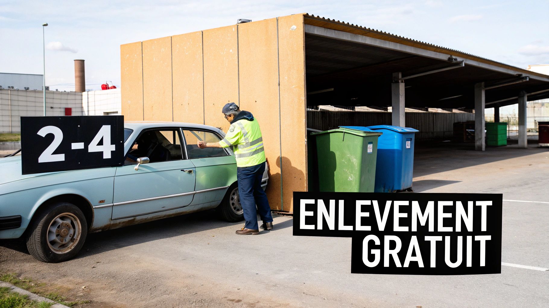 Un homme en gilet jaune inspecte une vieille voiture bleue avec un panneau 
