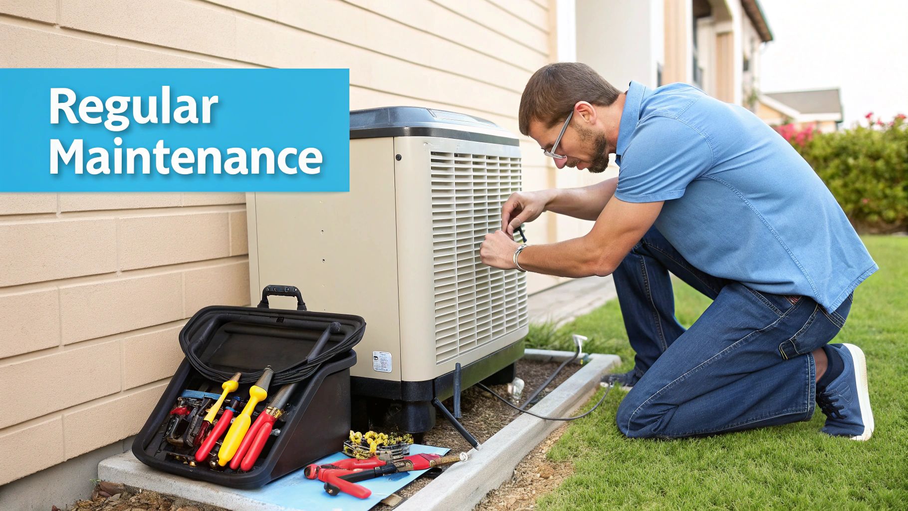 a man in a blue shirt maintenancing a generator with the text 'regular maintenace' in the foreground on a blue background