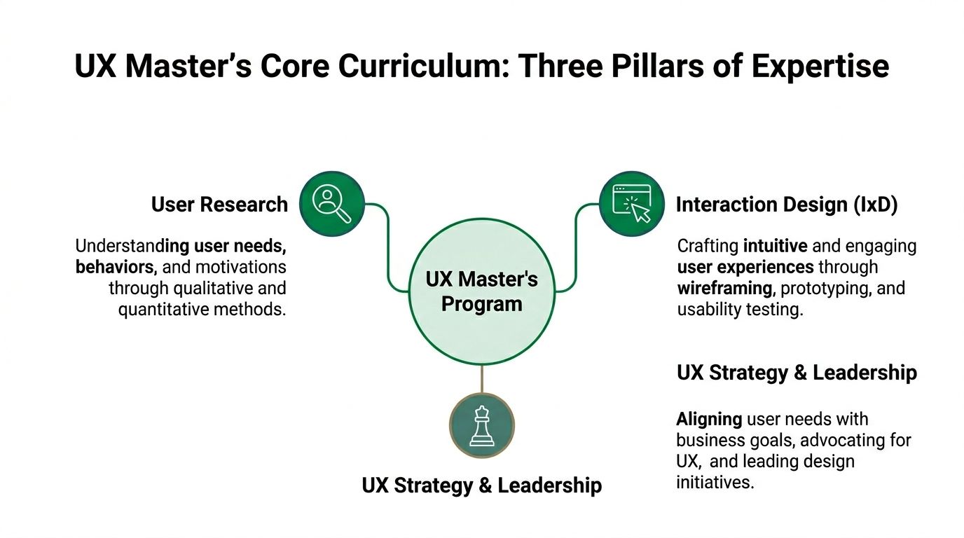 A diagram illustrating the three core pillars of a UX Master's program: User Research, Interaction Design, and Strategy.