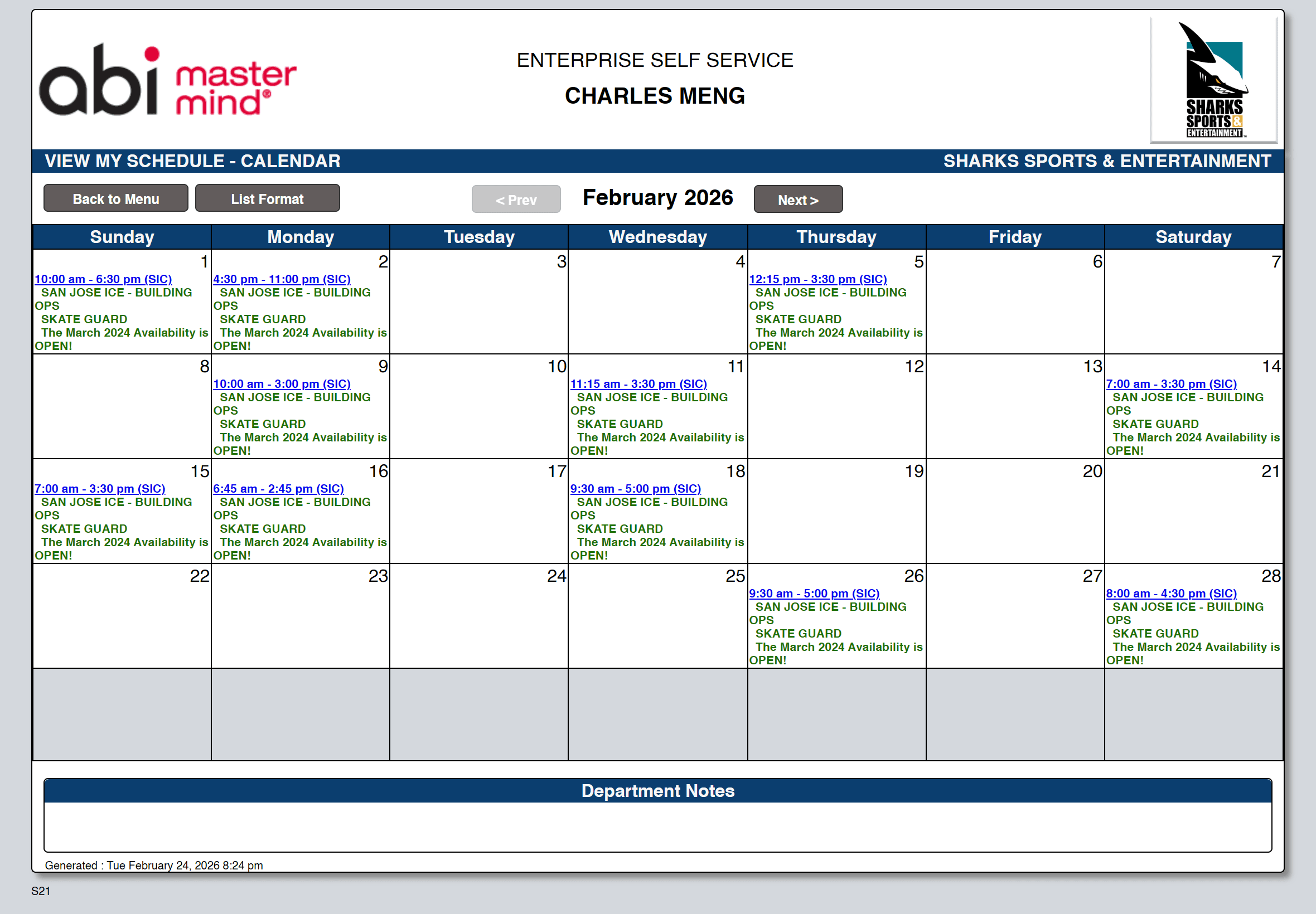 Screenshot depicting Calendar View detailing shift schedule within ABI MasterMind Portal.