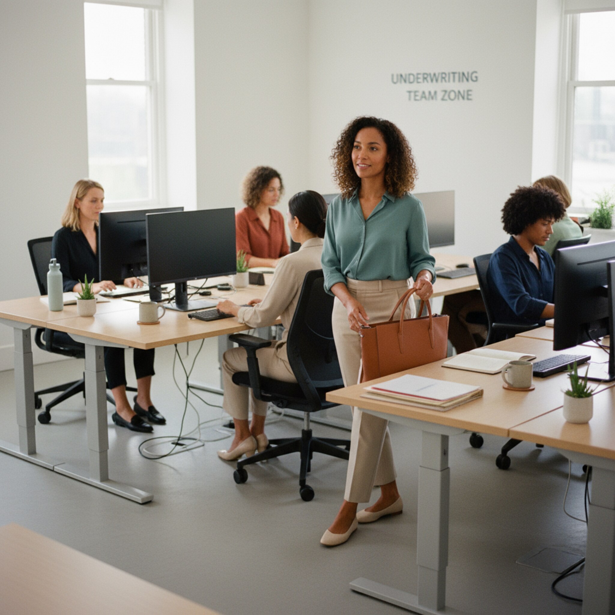 Ein ruhiger Bereich mit Reihen höhenverstellbarer Schreibtische neben einem Schild für die Teamzone Underwriting. Eine Mitarbeiterin legt ihre Tasche ab und zieht den Stuhl heran, während Kollegen in der Nähe bereits konzentriert arbeiten. Warmes Licht, klare Linien, ordentliche Atmosphäre.