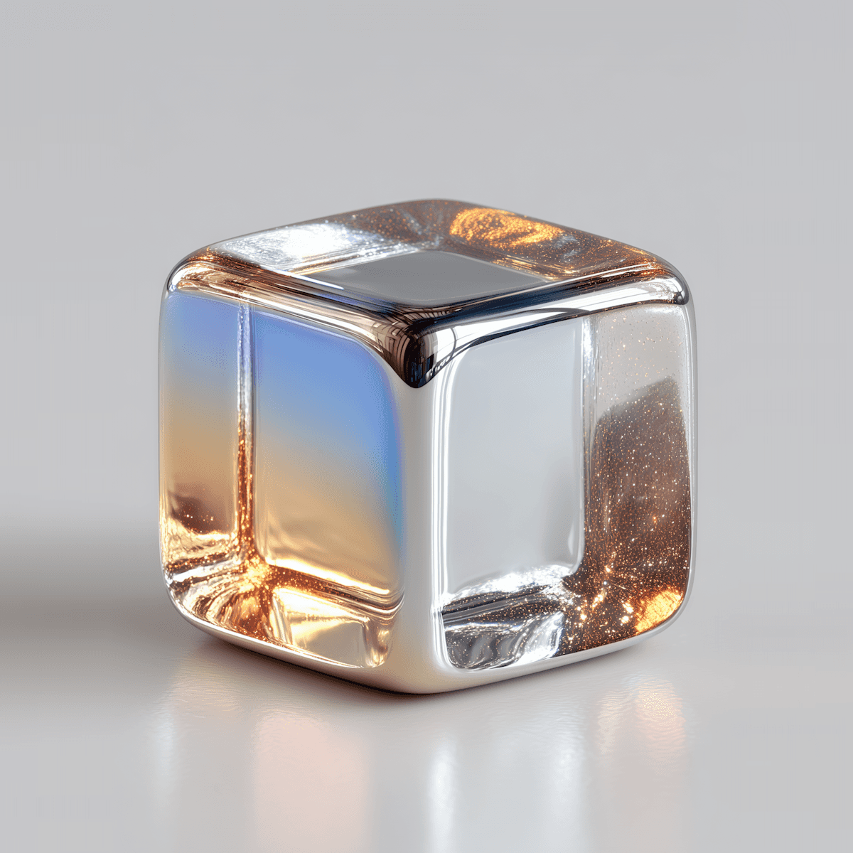 Transparent glass cube with smooth rounded edges, reflecting warm golden light and subtle iridescent hues on a neutral background.