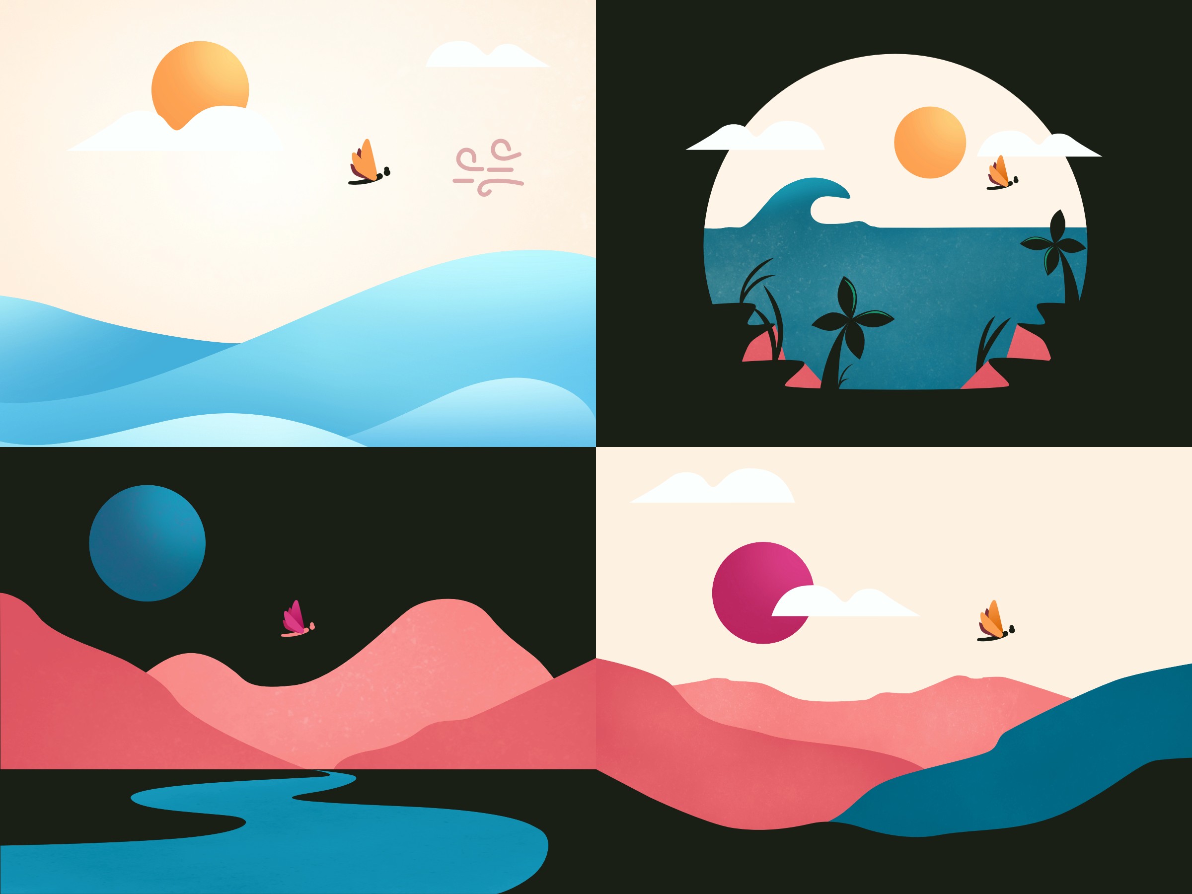 Collage of diverse landscape illustrations, highlighting a dragonfly symbolizing migration and adaptation.