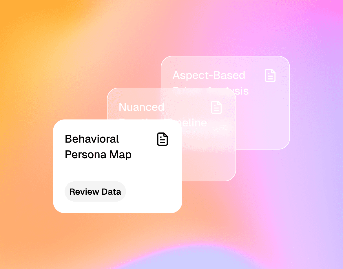 Software interface element showing three layered information cards floating over a soft blue and white gradient background