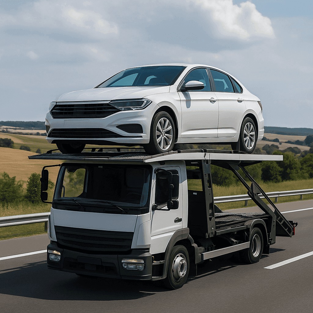 White car being transported on a tow truck