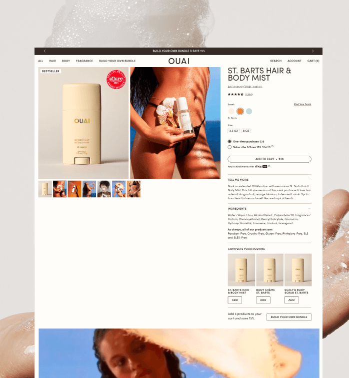 OUAI Shopify product detail page with purchase options and product gallery