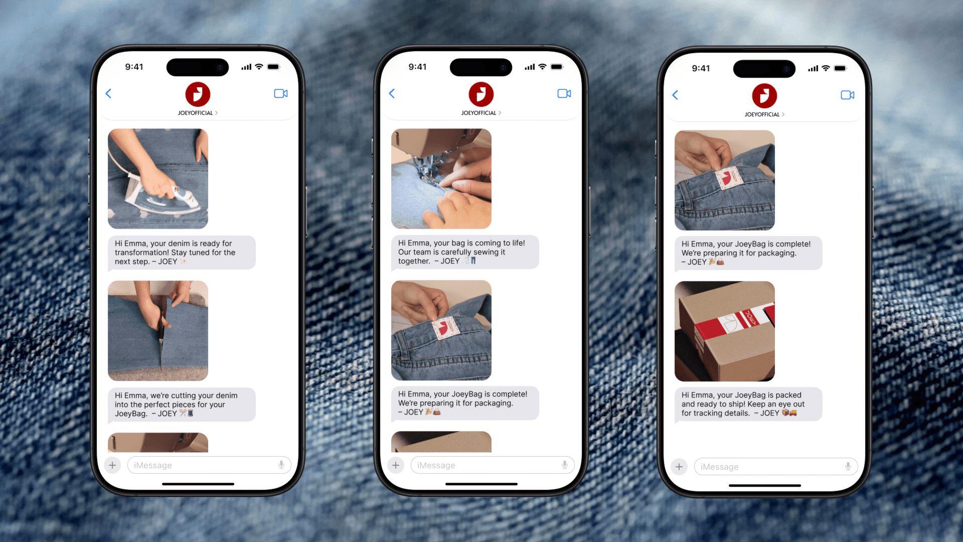 Three smartphones display a conversation between two people on Joyofficial. The left phone shows a denim-cutting tutorial. The center phone shows a denim-packing message. The right phone shows a shipping-packing message. All screens display the same interface with images, text messages, and icons.