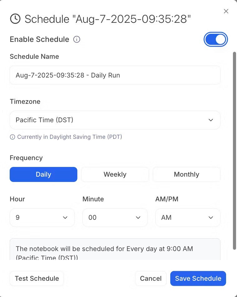 Schedule automation settings in Julius AI for running notebooks daily at a specific time