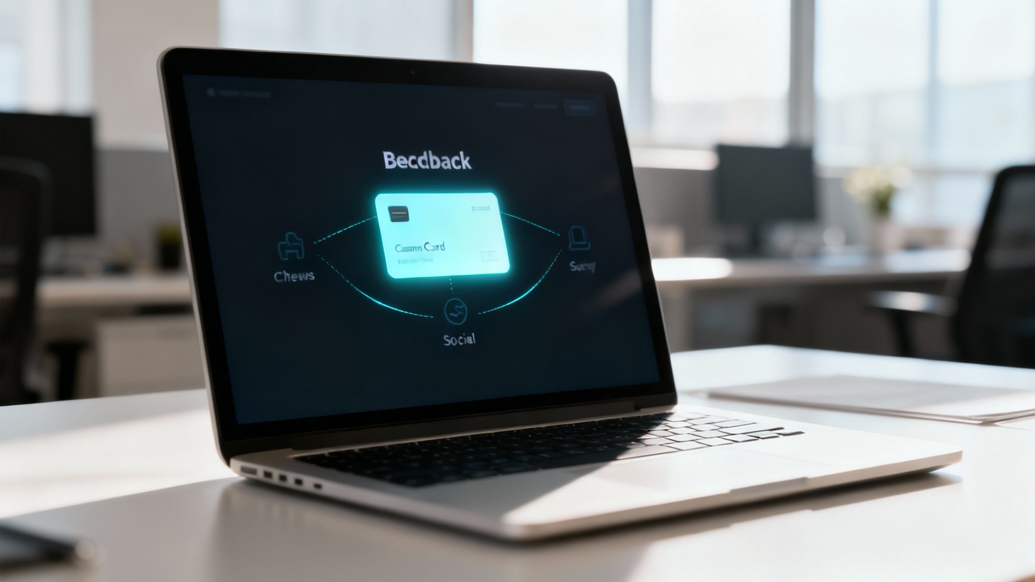 A laptop on an office desk displaying a digital feedback system with a glowing card.