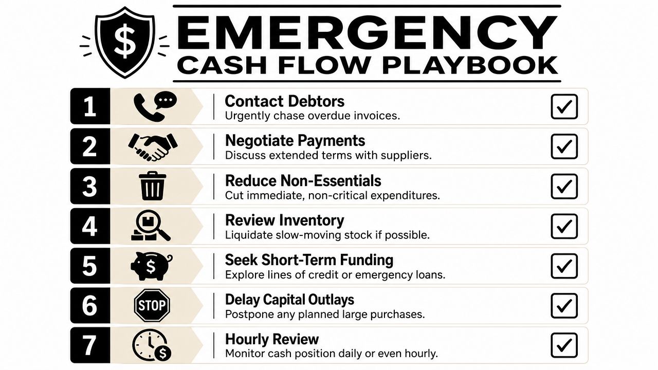 A seven-step Emergency Cash Flow Playbook infographic for businesses to improve liquidity and manage financial crises.