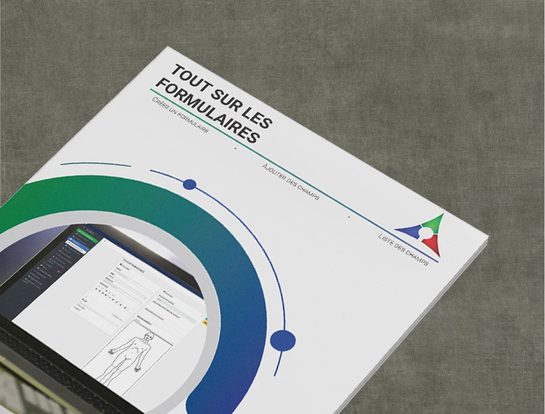 Mockup couverture guide thématique AniKit "Tout sur les Formulaires" — déclinaison de la collection de livrets utilisateur pour solution de suivi travailleur isolé, conception par Tartelette Concept