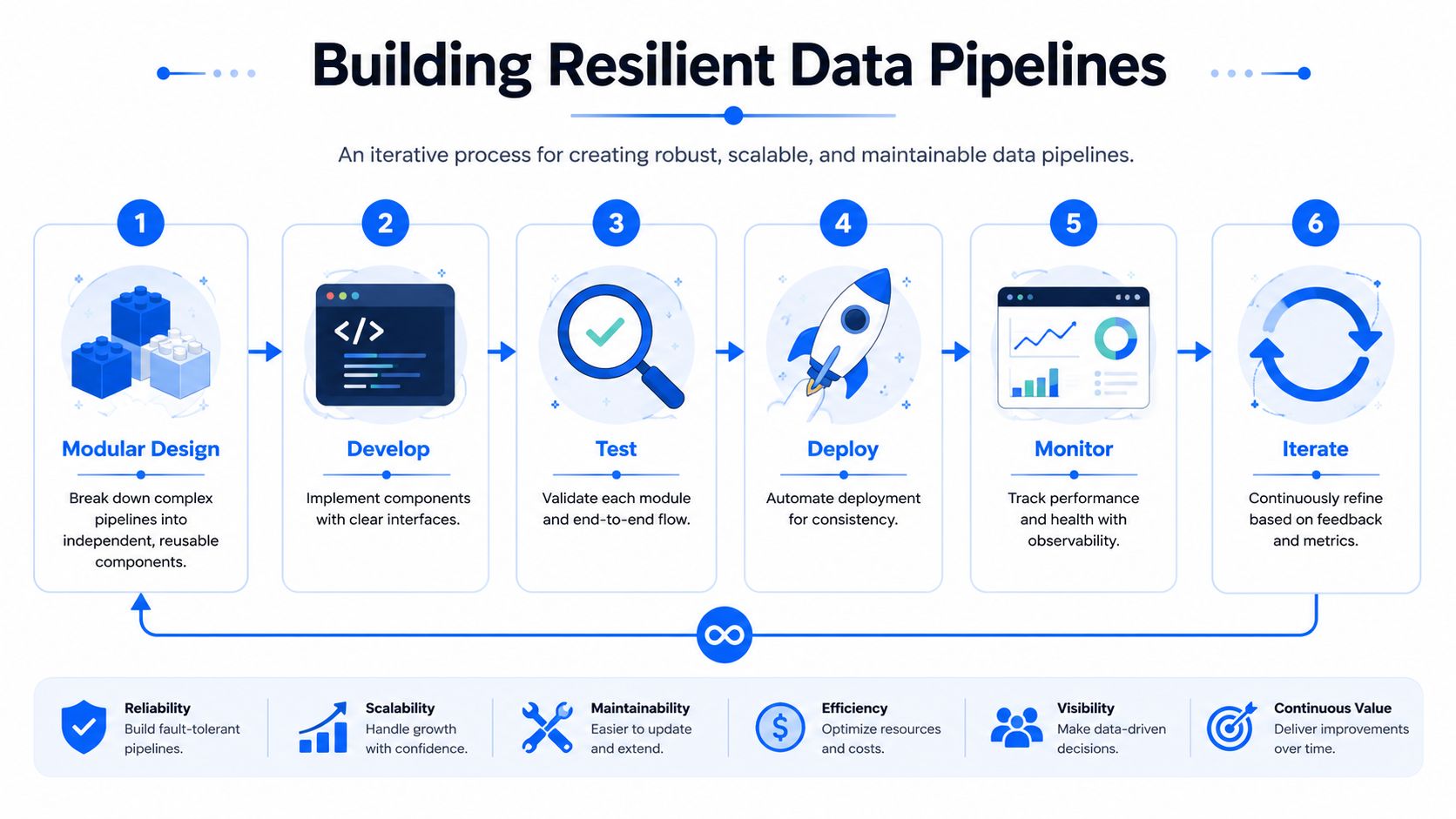 A six-step infographic illustrating an iterative process for building resilient, scalable, and maintainable data pipelines.