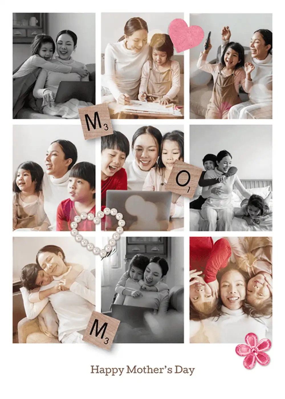 Mother's Day card template with a nine-photo grid, Scrabble 'MOM' tiles, and 'Happy Mother's Day' text