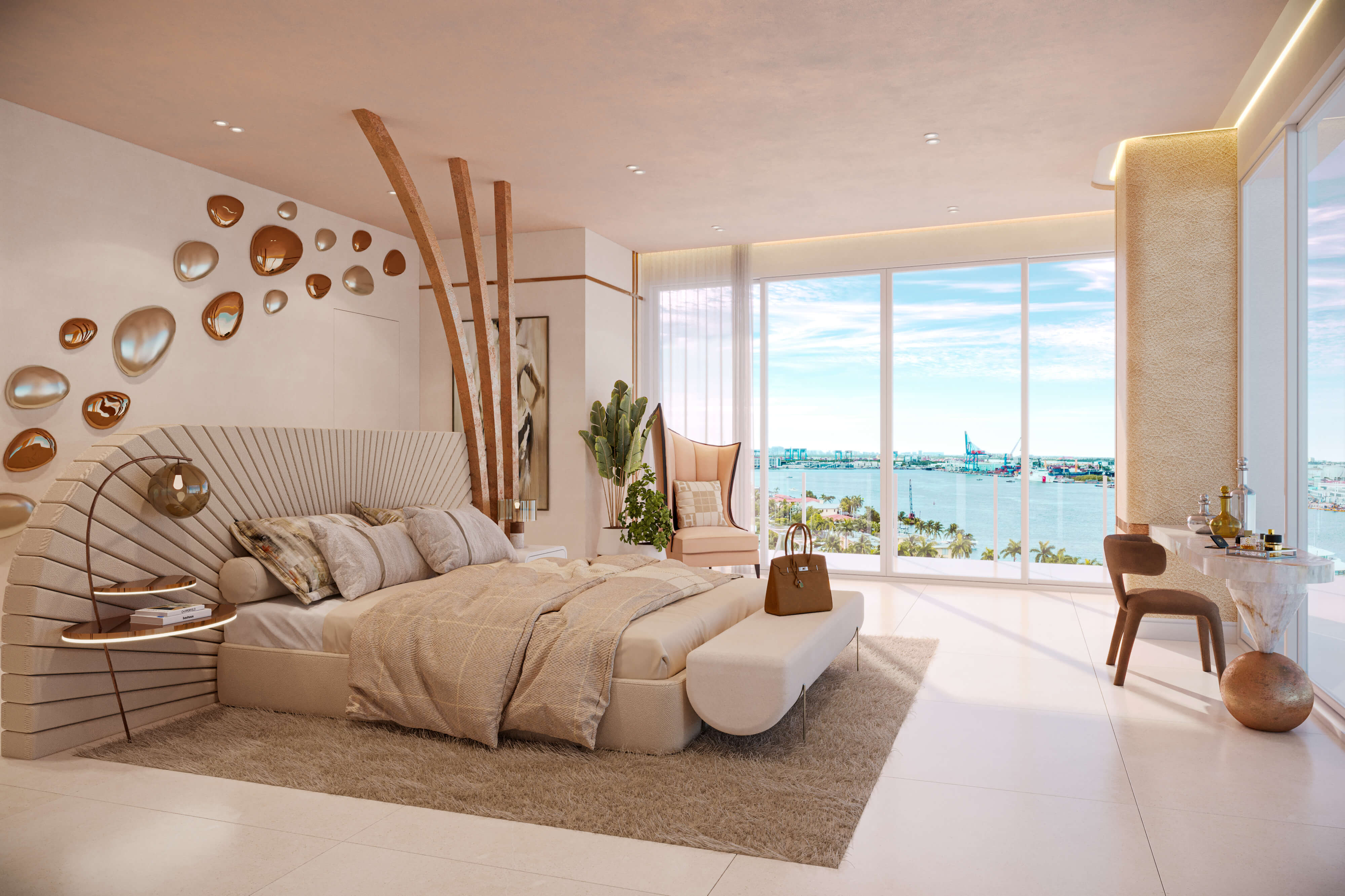 Elegant modern luxury bedroom interior design featuring a sculptural headboard, warm neutral tones, and panoramic ocean views framed by floor-to-ceiling glass.