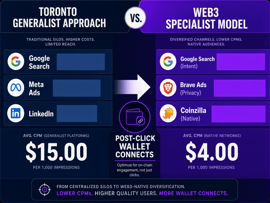 A comparison chart of Web3 PPC strategies showing the CPM difference between Google Ads and native crypto networks like Brave and Coinzilla.