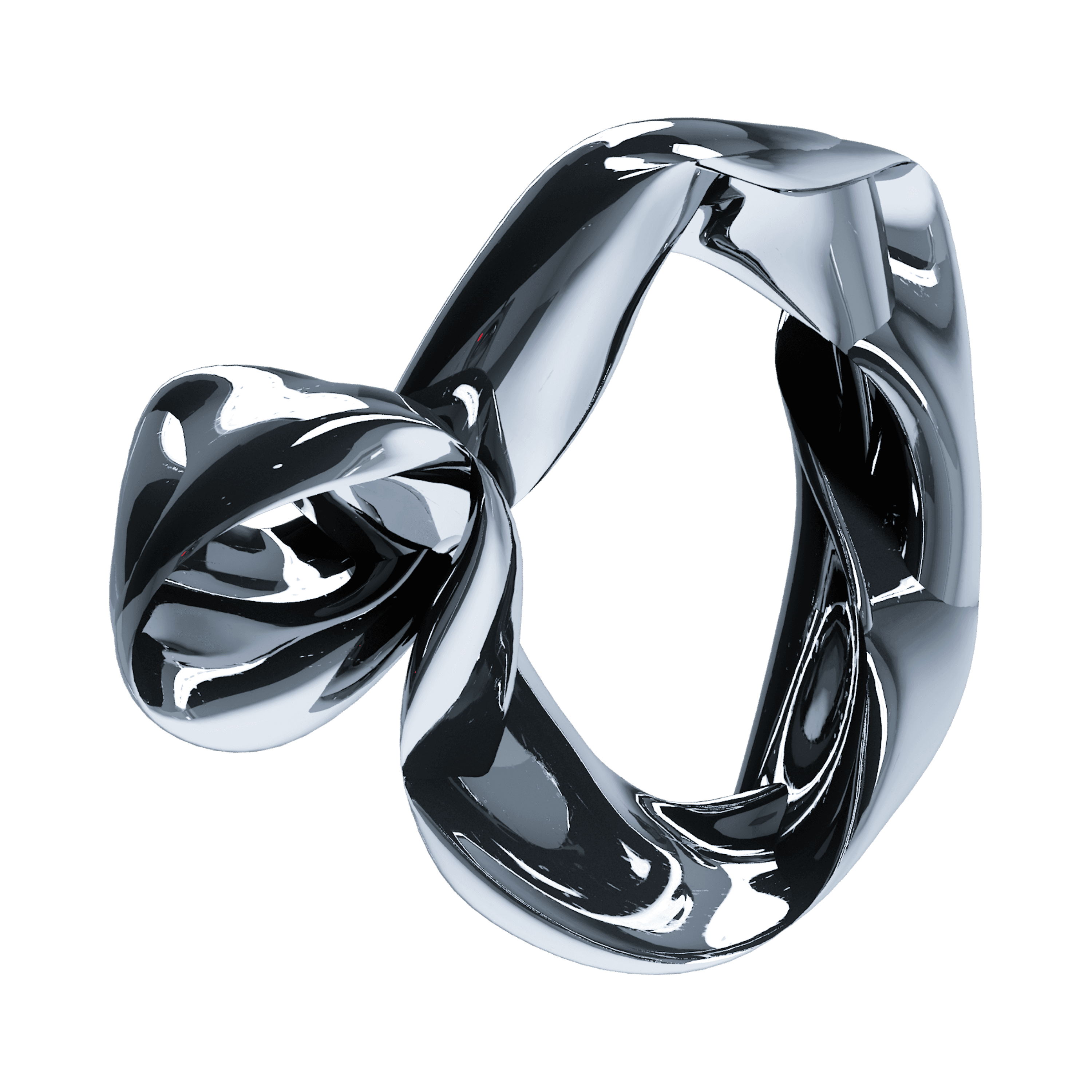 Shiny, twisted metallic structure with a smooth, reflective surface. Set against a black background, it creates an abstract, modern artistic look.