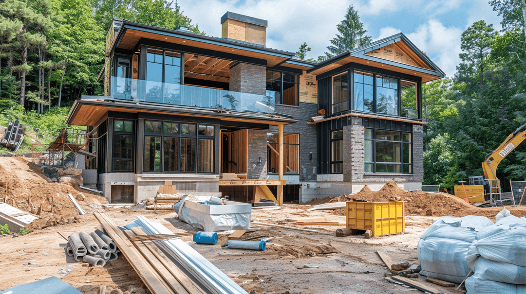 Two-story contemporary home under construction showing mixed materials and excavation work on hillside lot