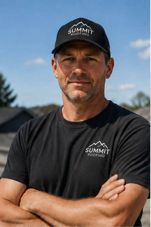 Roofer in a black Summit Roofing cap and shirt outdoors