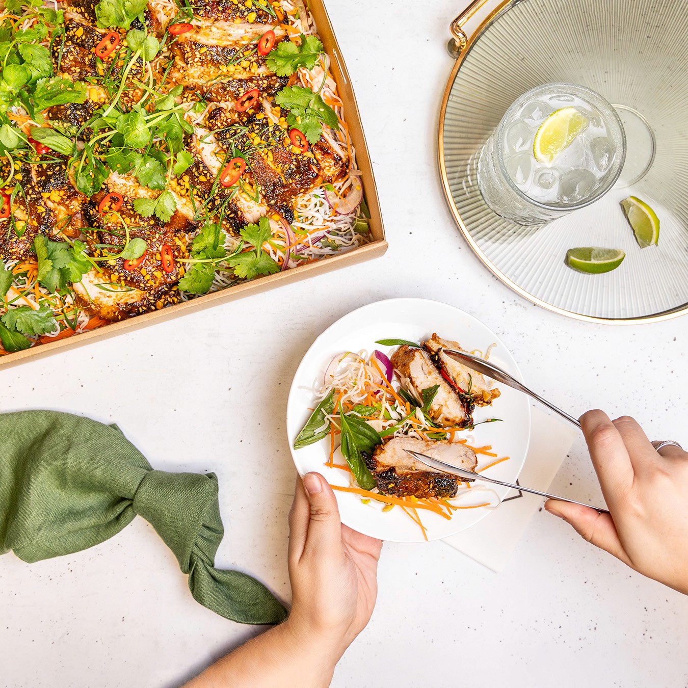 Lemongrass chicken & Vietnamese noodle salad with nước chấm, green mango, rice noodle, carrot, cucumber, coriander & crushed peanuts