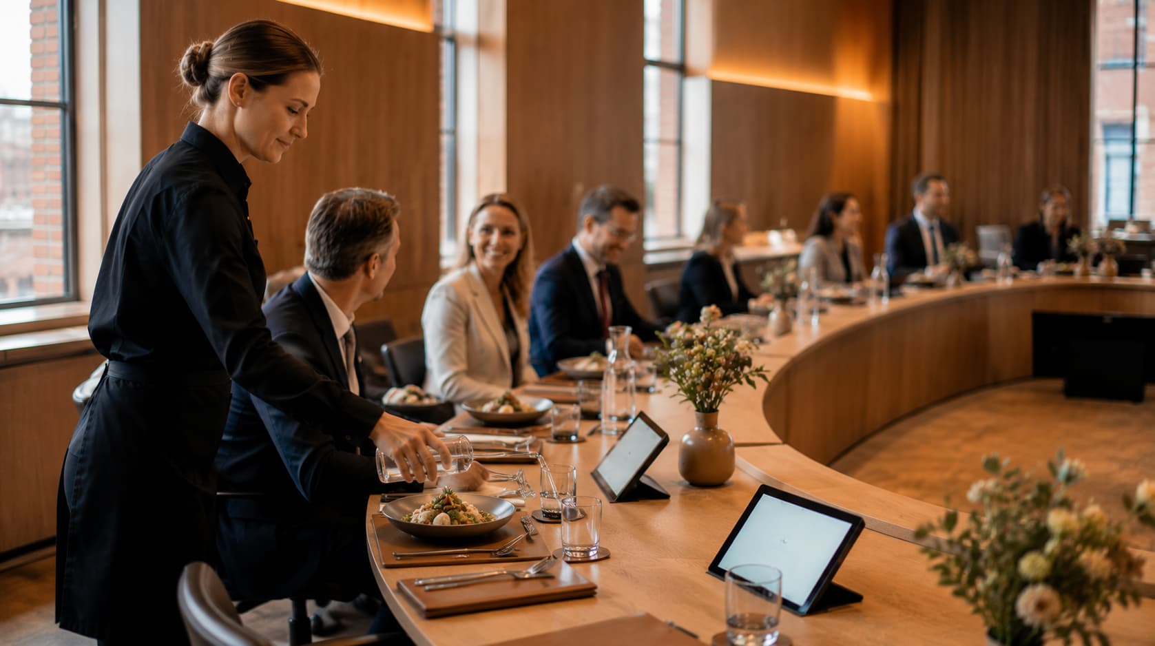 Executive business lunch in een boardroomsetting met verzorgde service en restaurantkwaliteit op locatie