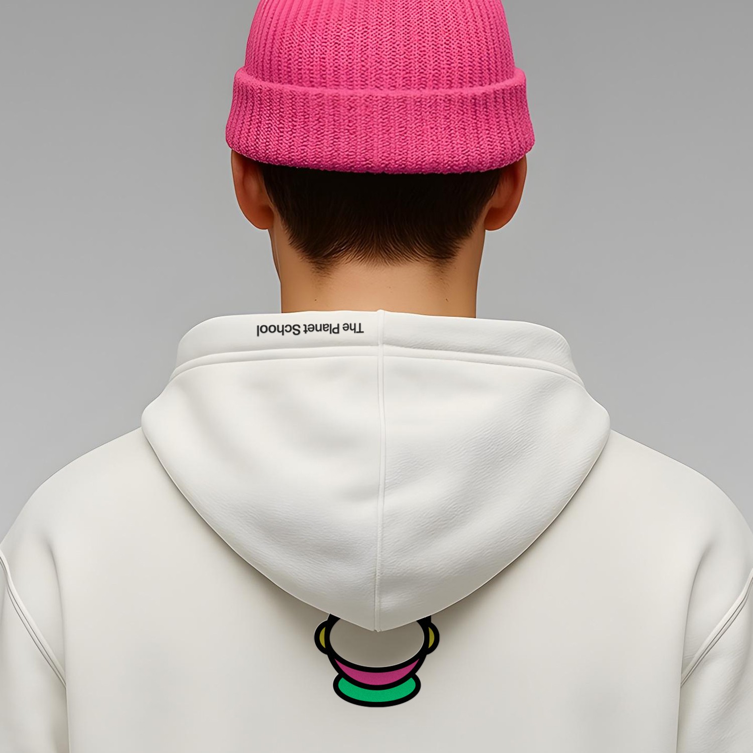 Planet School identity applied on hoodie merchandise worn by student